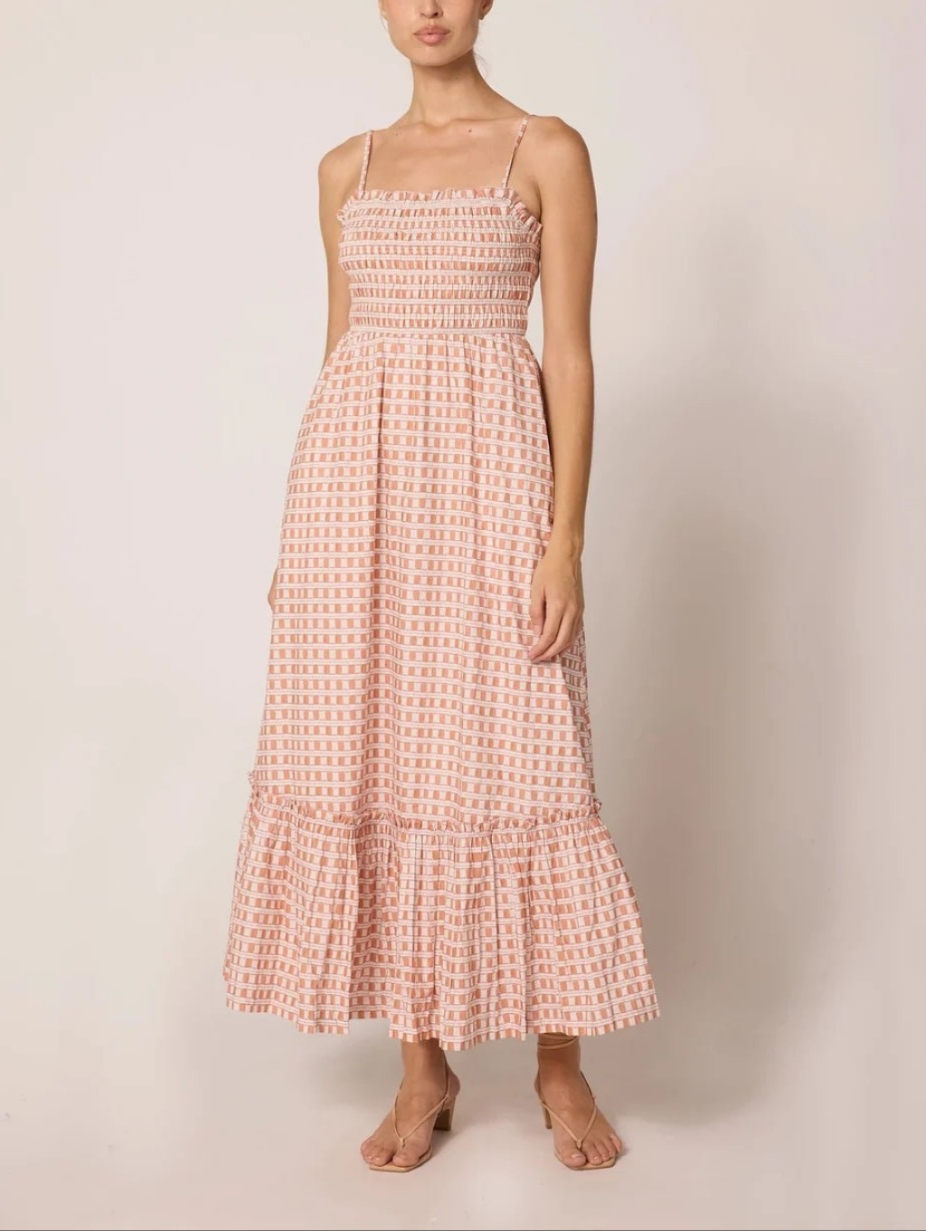 Smocked Spaghetti-Strap Maxi Dress In Blush Gingham